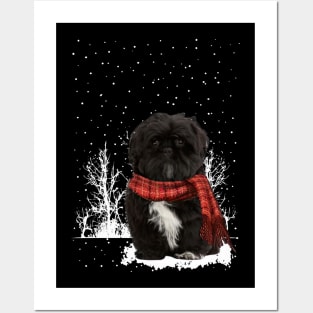 Christmas Black Shih Tzu With Scarf In Winter Forest Posters and Art